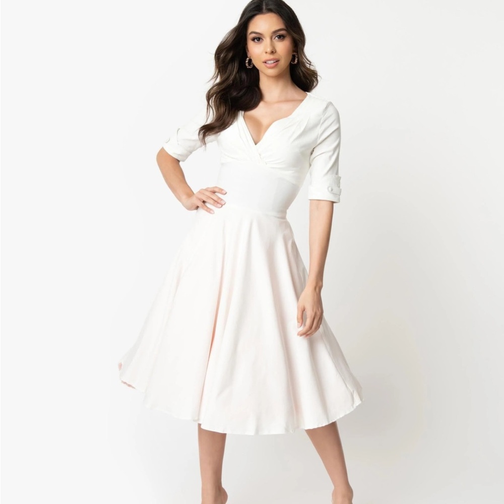 NWT Unique Vintage Ivory Delores Swing Dress Sleeves Retro Rockabilly Wedding L